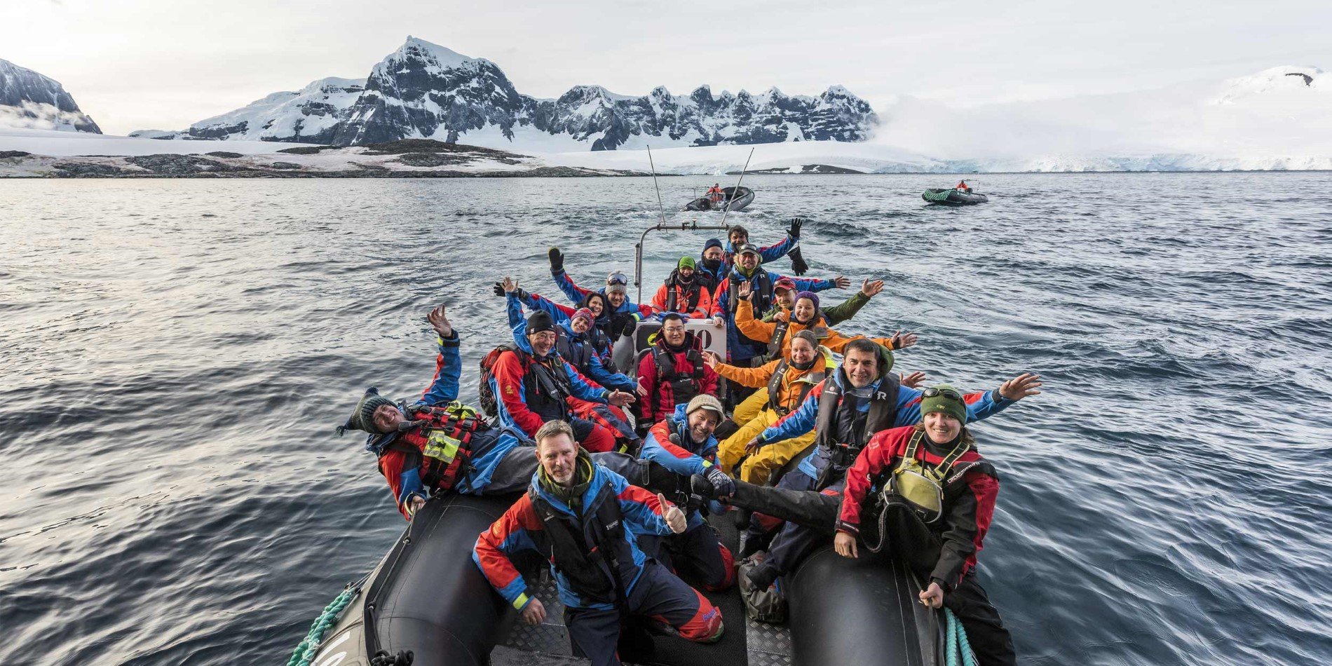 The Expedition Team cruising at Damoy Point, Antarctica